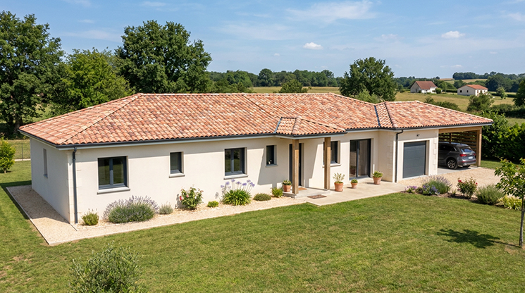 Entrée d'une maison moderne avec garage et abri voiture en Dordogne