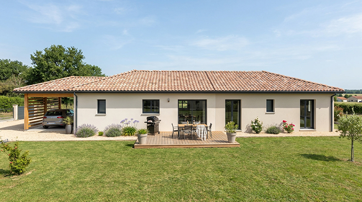 Maison moderne de plain pied avec terrasse et abri voiture