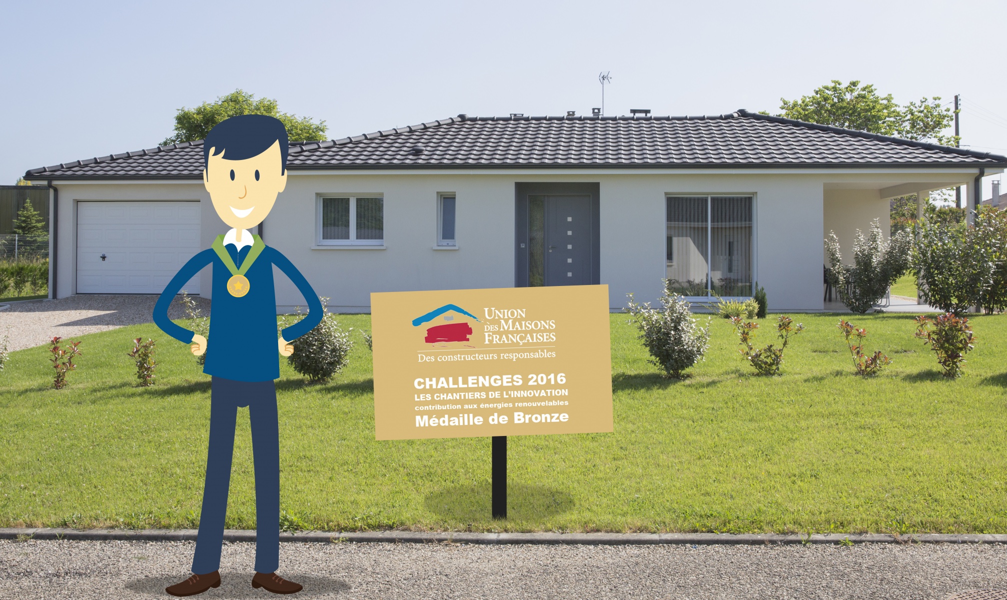 Affichage mentionnant la récompense des Maisons Aura Challenge 2016 de l’Union des Maisons Françaises 2016.