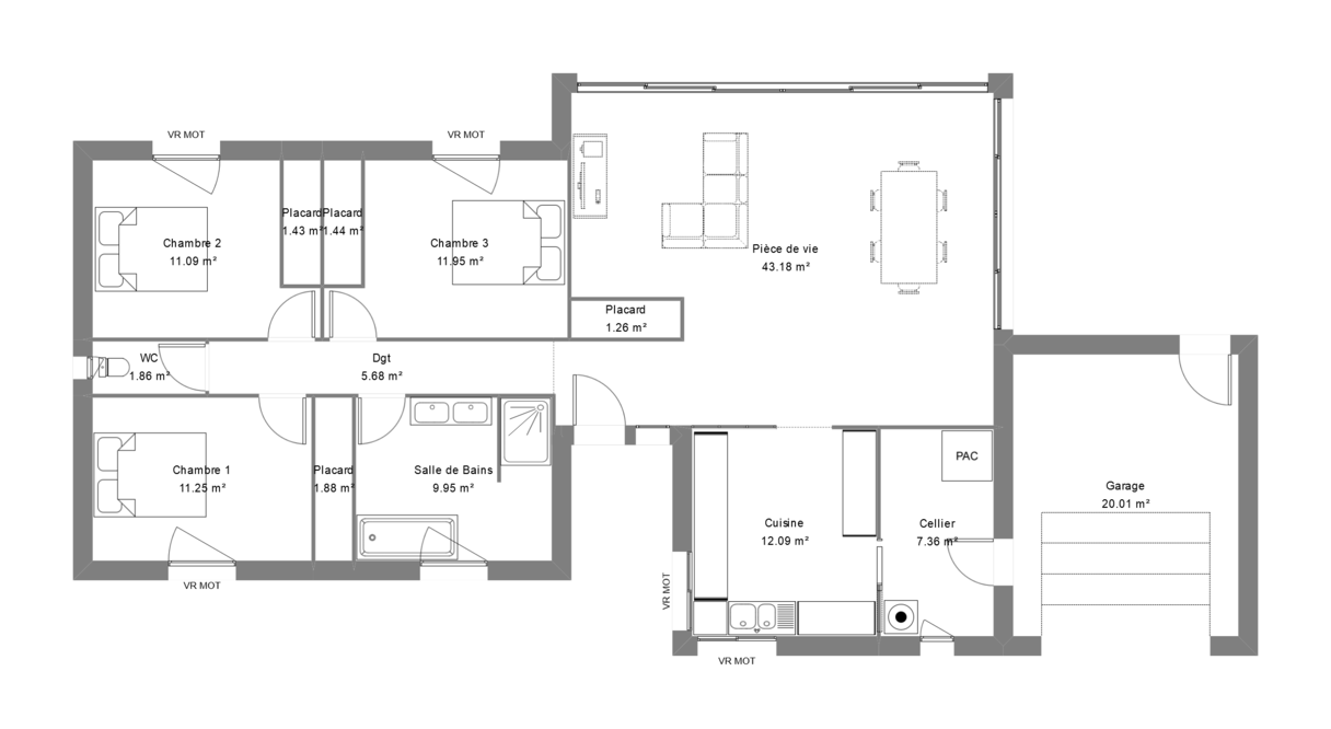 Plan d'une maison contemporaine avec 3 chambres