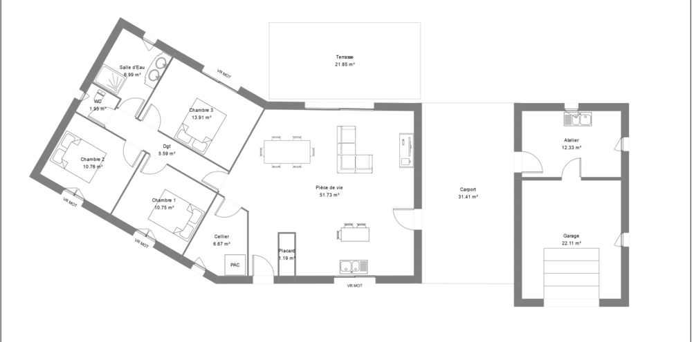 Plan maison contemporaine avec 3 chambres et un garage