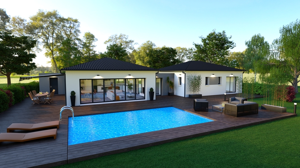 Vue sur une superbe terrasse avec piscine