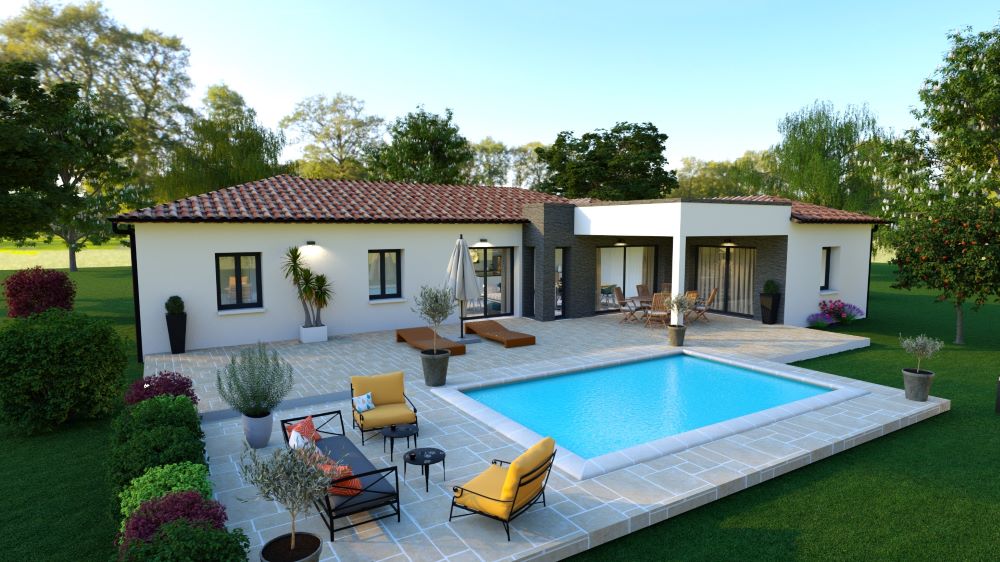 Terrasse d'une maison contemporaine avec piscine