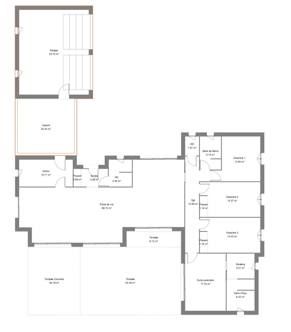 Plan d'une maison périgourdine avec 3 chambres