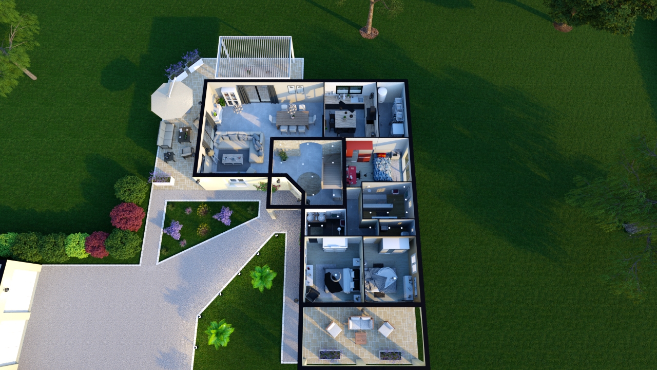 Plan exo de maison moderne avec tour centrale