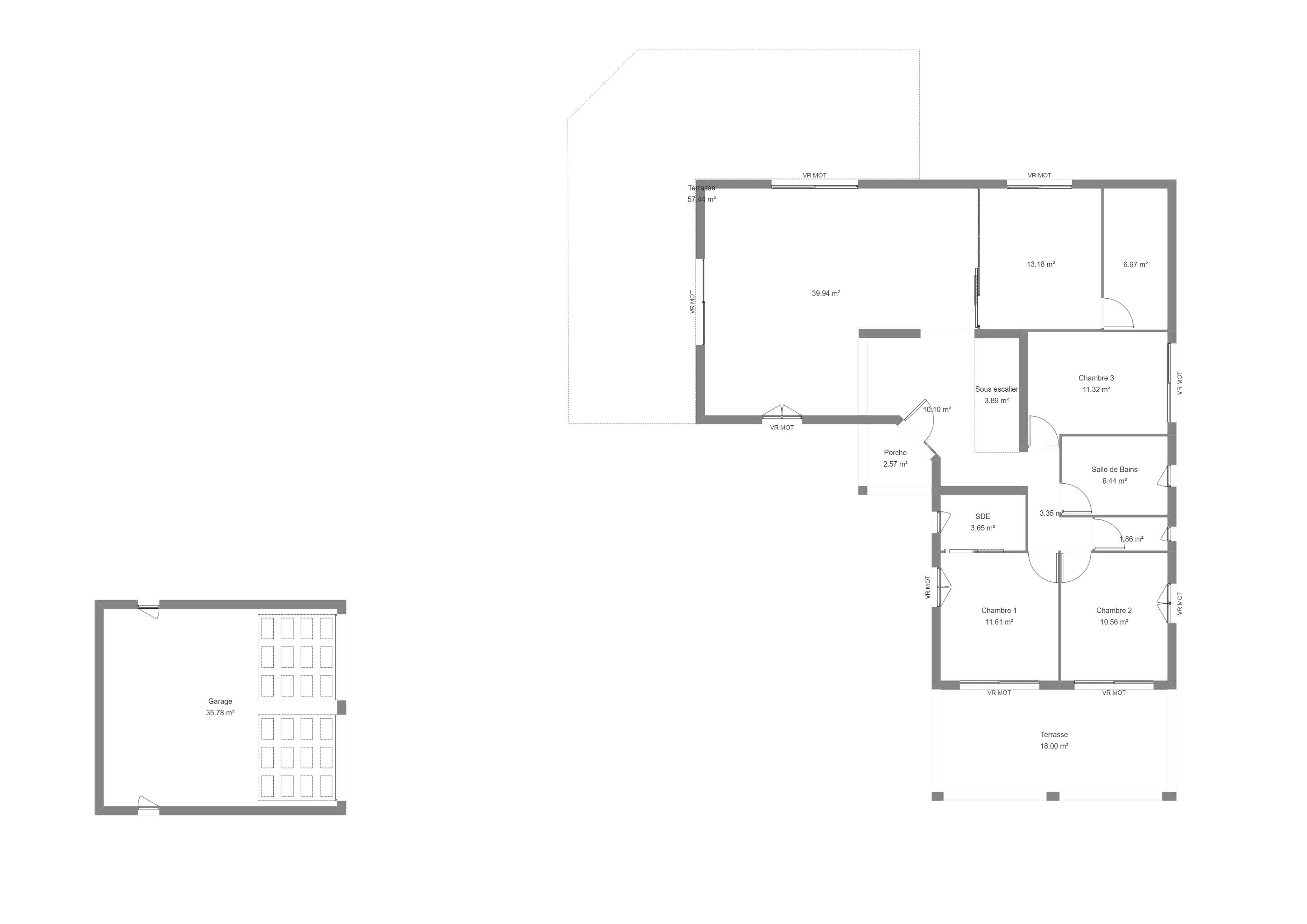 Plan maison moderne avec 3 chambres et un double garage isolé