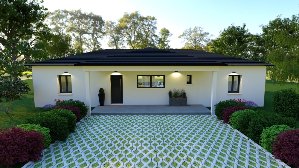 Maison contemporaine avec allée menant vers le porche