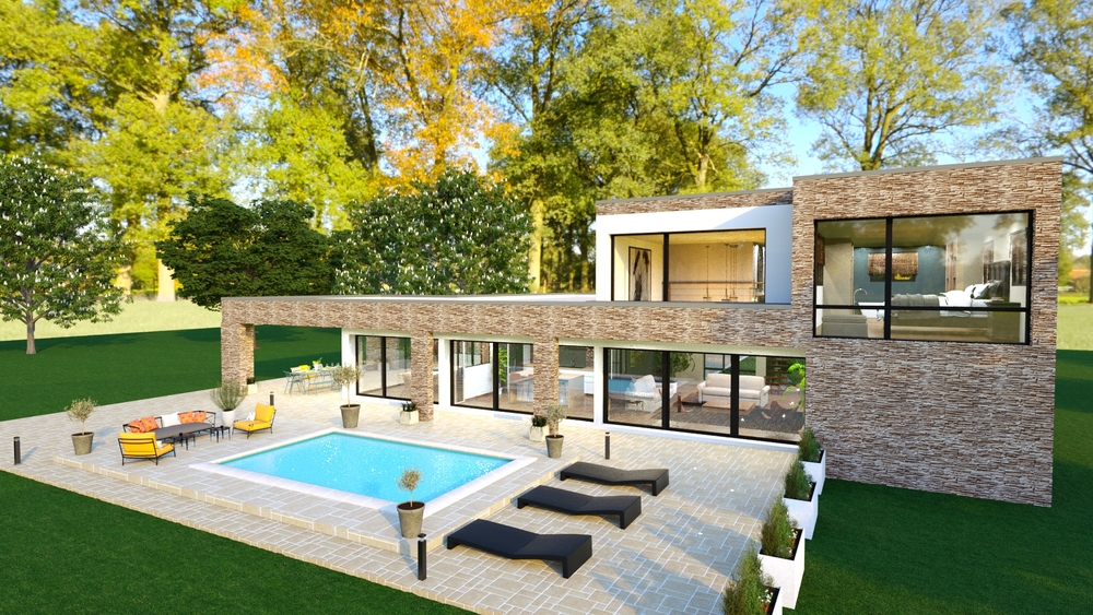Vue sur une superbe terrasse avec piscine