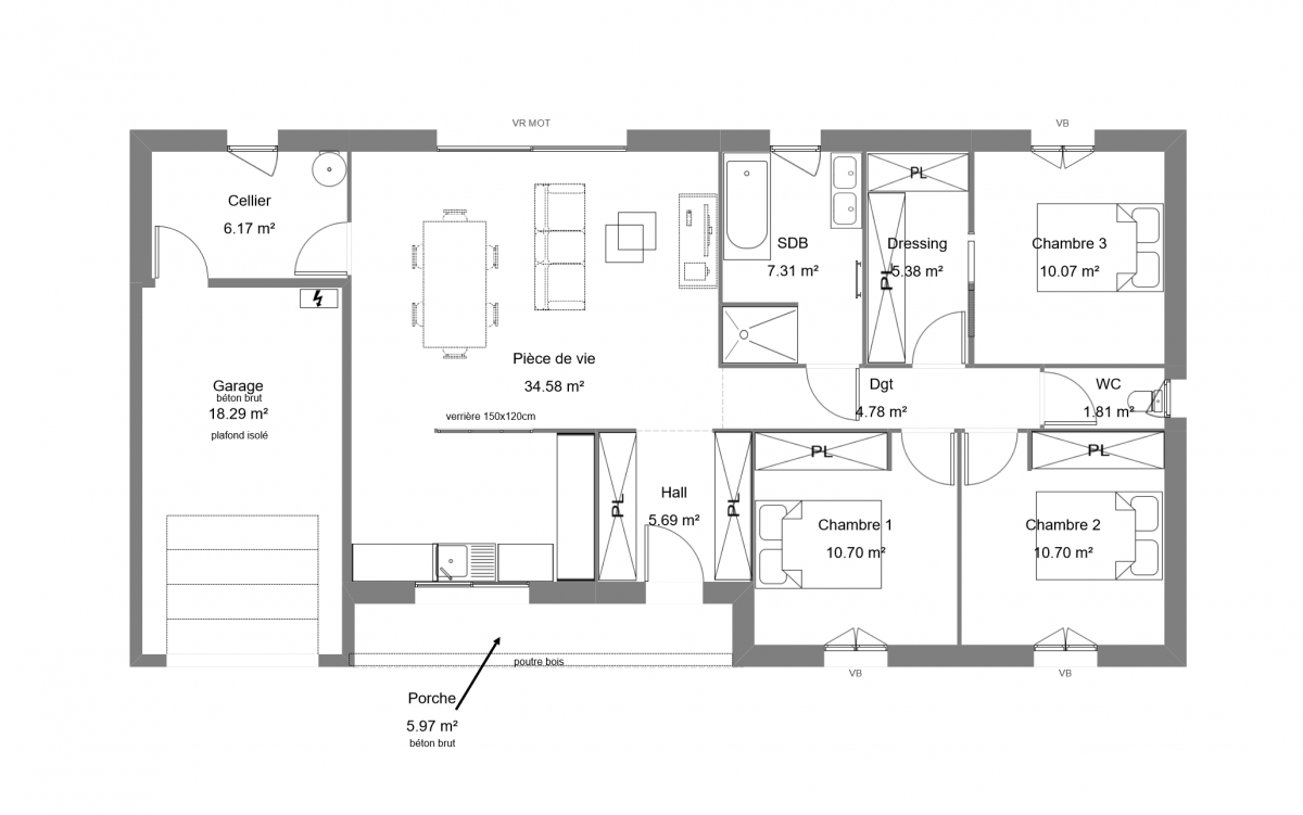 Plan d'une maison familiale avec 3 chambres