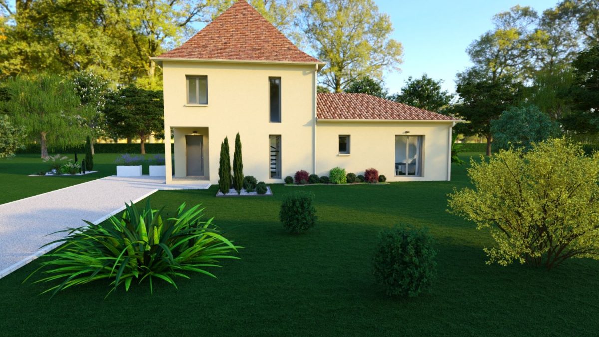 Perspective d'une maison périgourdine avec une tour centrale