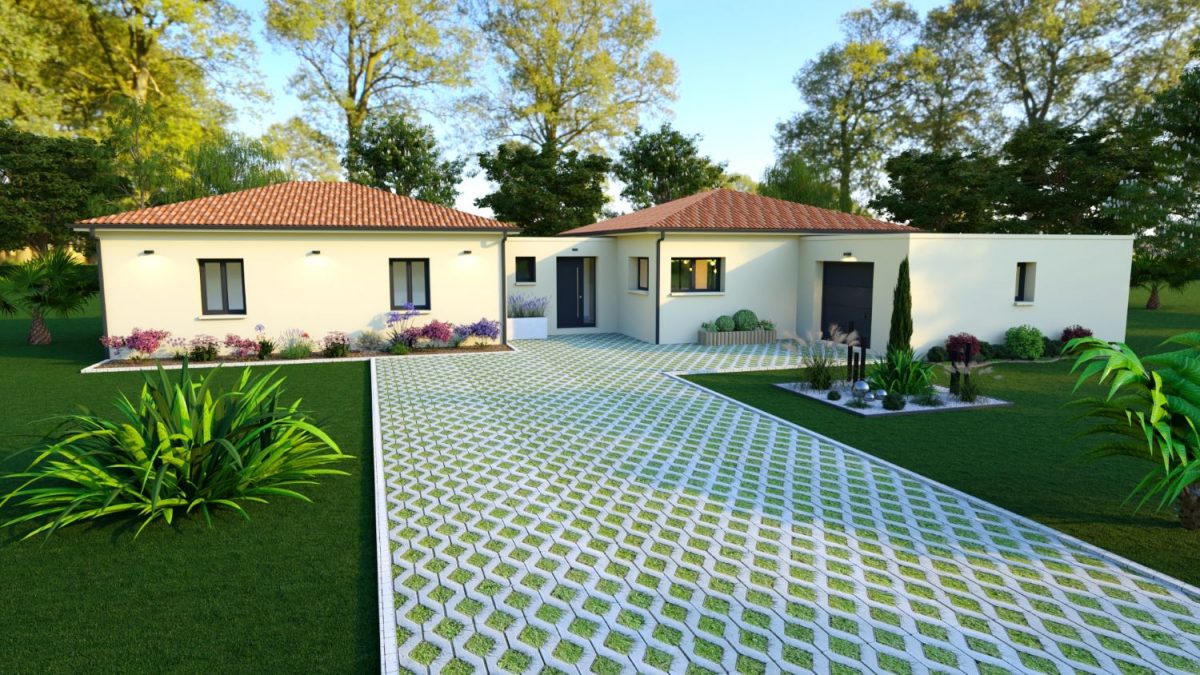 Entrée d'une maison en H de plain pied avec un garage décroché