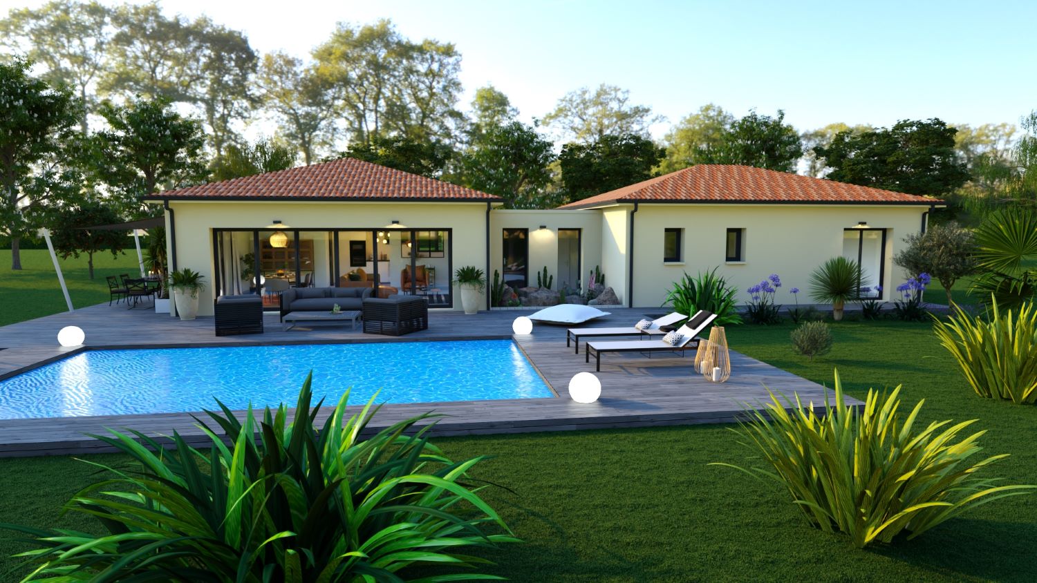 Maison en H avec une terrasse et une grande piscine