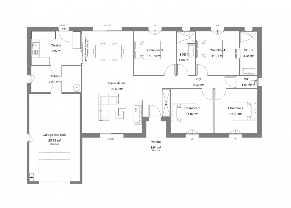 Plan d'une maison en L avec 4 chambres et un garage