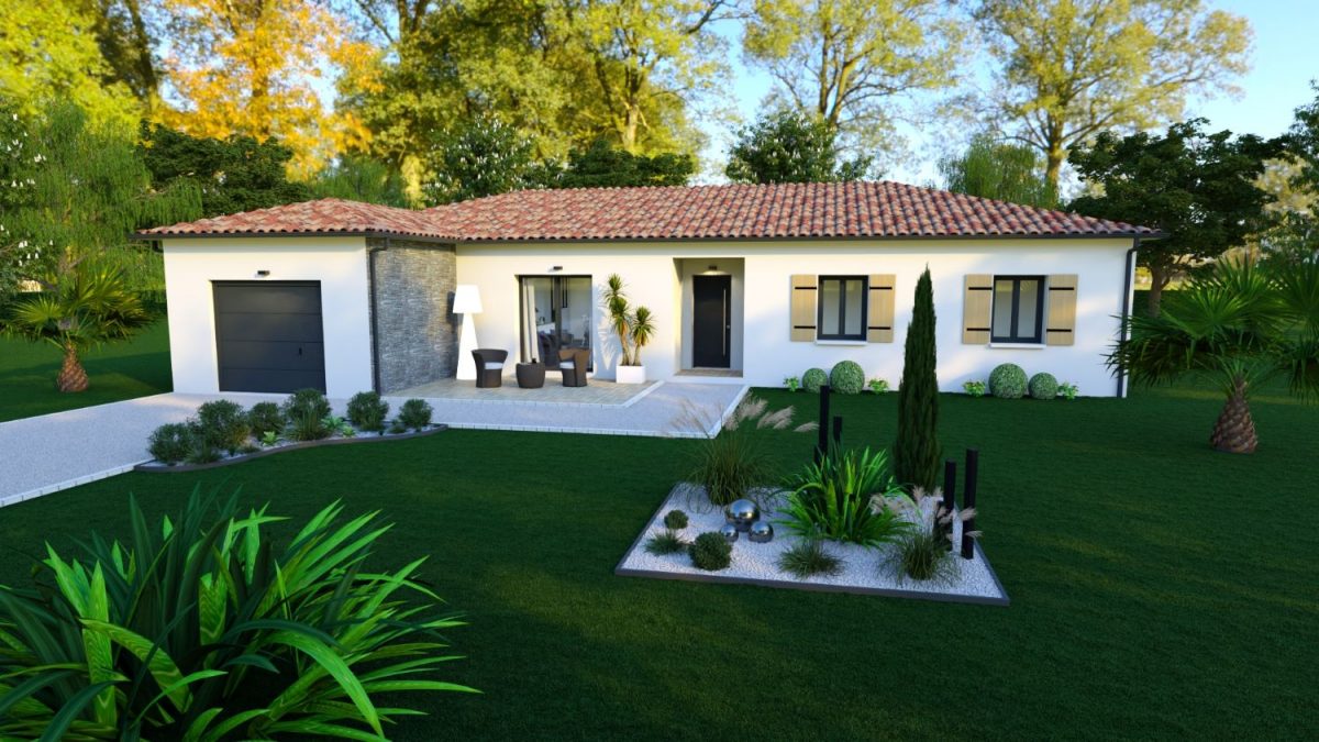 Entrée d'une maison en L avec un garage et une terrasse