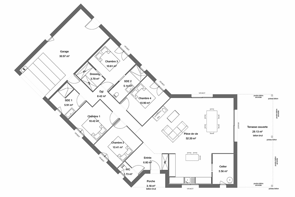 Plan d'une maison moderne en forme de V avec un garage et 4 chambres
