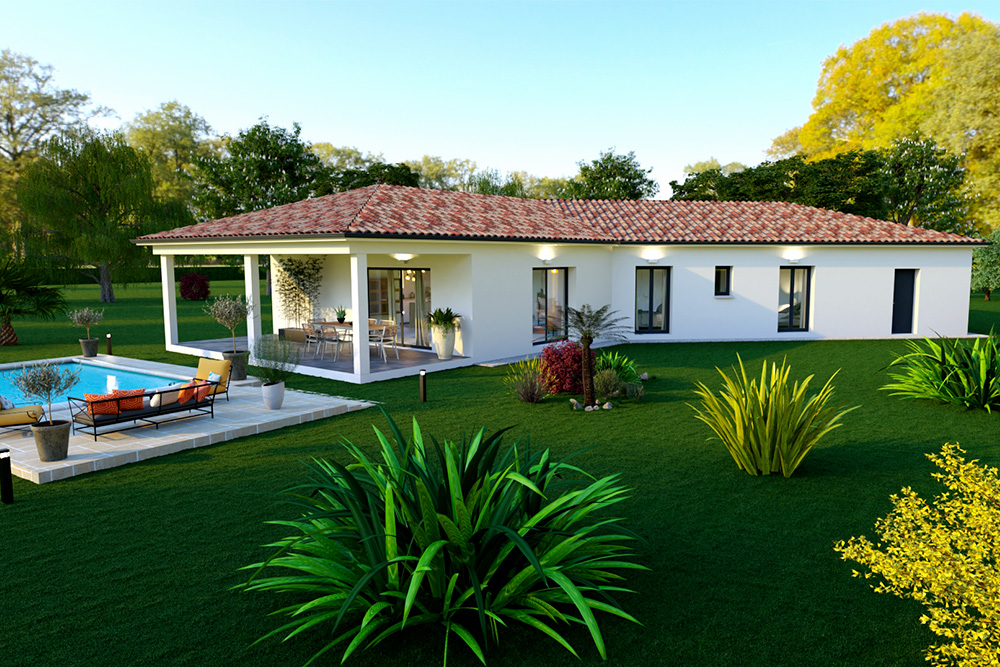 Maison en forme de V avec terrasse couverte et piscine