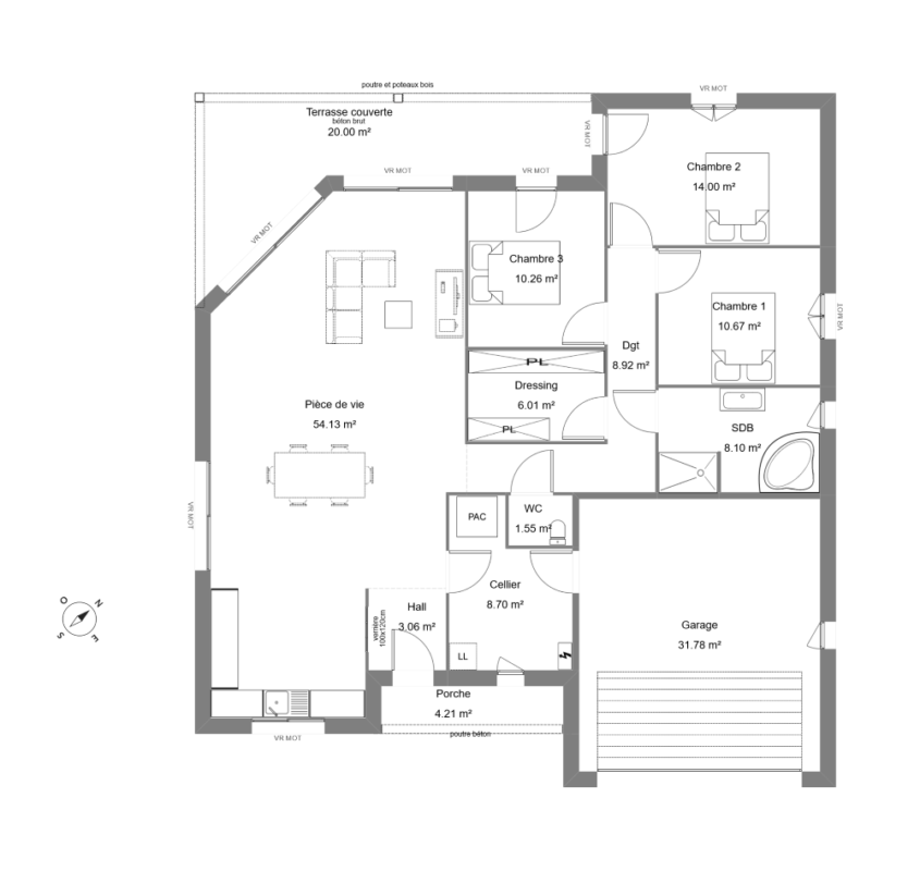 Plan d'une maison de plain pied avec trois chambres et un garage