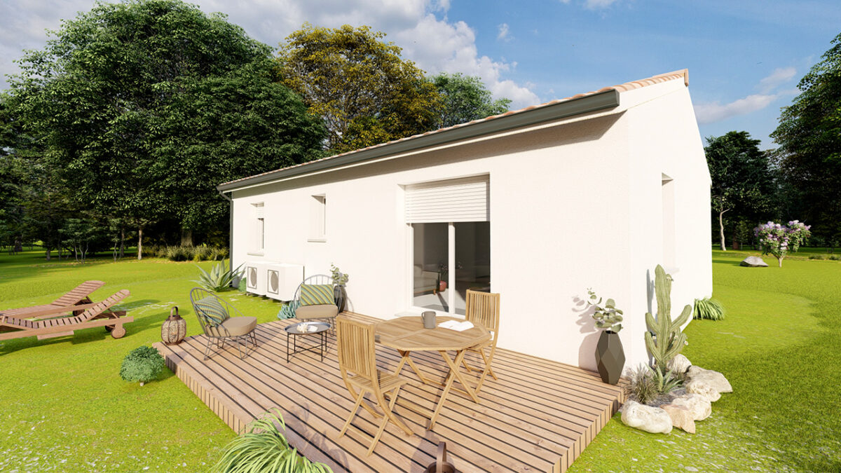 Arrière d'une maison 2 chambres avec terrasse en bois et salon de jardin