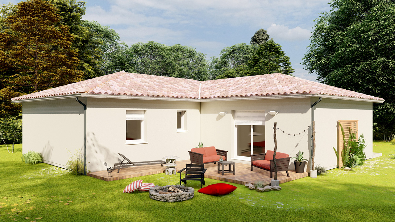 Maison en L avec 3 chambres et une terrasse en bois avec salon de jardin