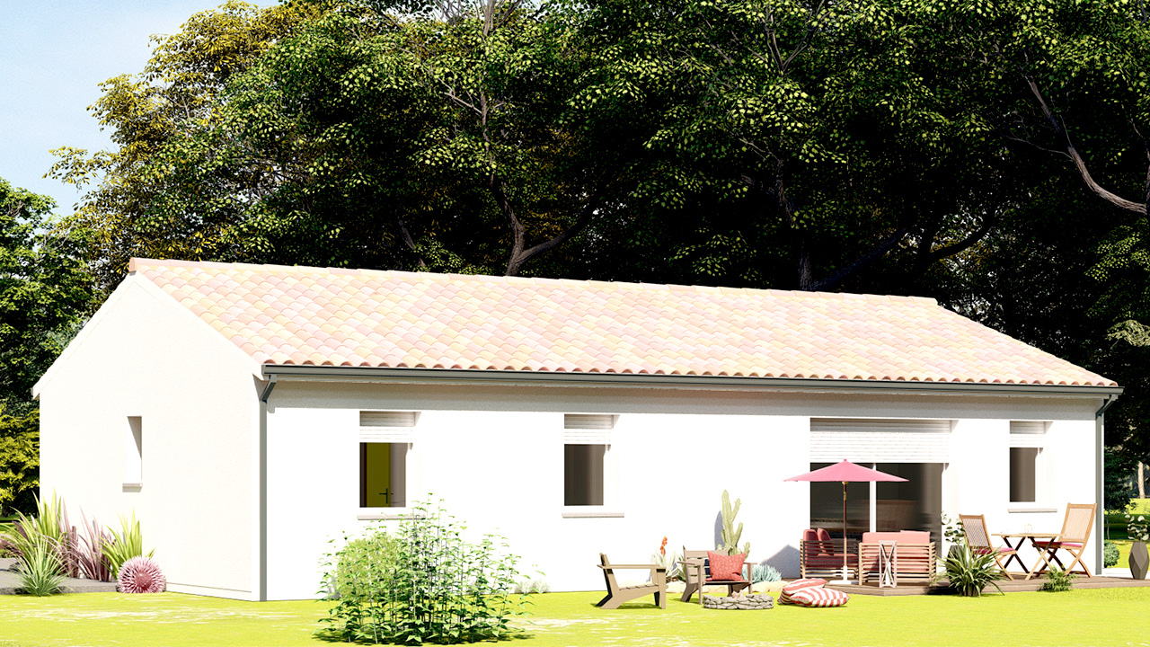 Maison de plain pied avec baie-vitrée donnant sur terrasse en bois