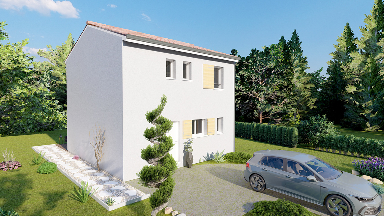 Maison à étage avec un arbre et une voiture devant l'entrée