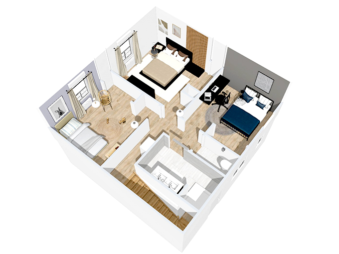 Plan d'une maison à étage avec 3 chambres et deux toilettes