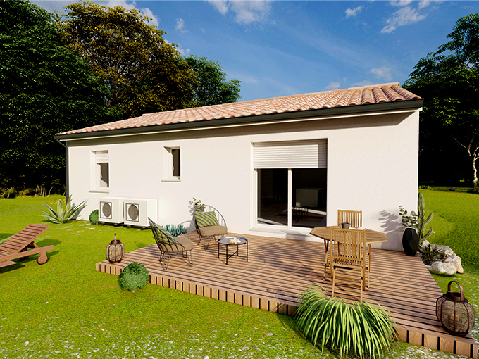 Maison deux chambres avec une terrasse en bois et un salon de jardin